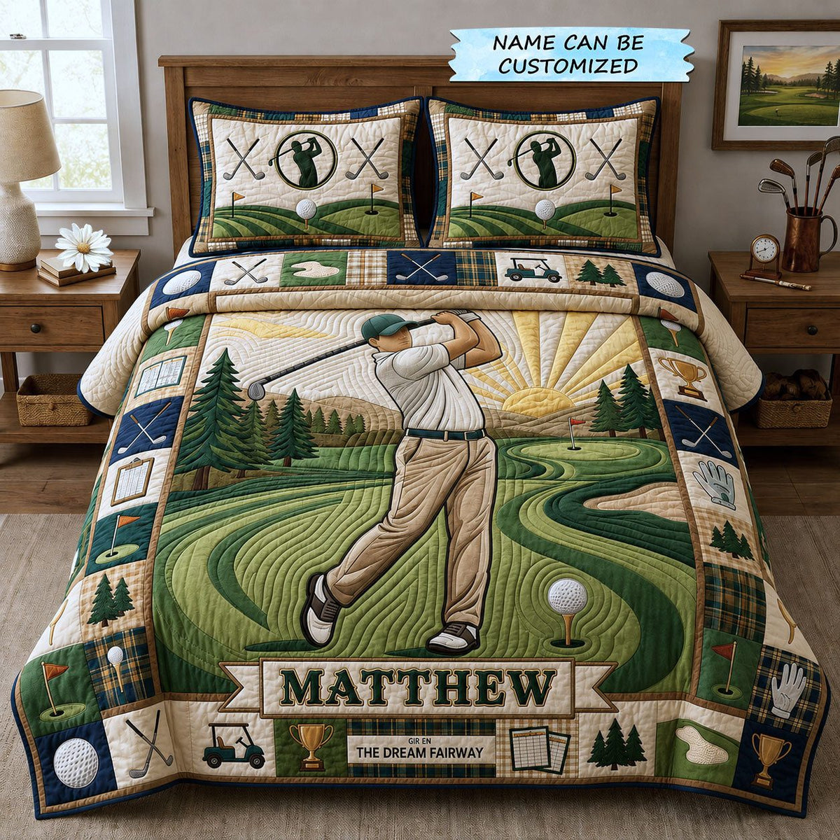 Personalized Golf Dream Fairway quilted 3-piece bedding set on a made bed with two matching pillow shams