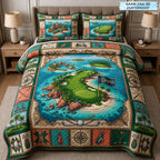 Personalized Golf Island Green quilted 3-piece bedding set on a made bed in a light coastal bedroom