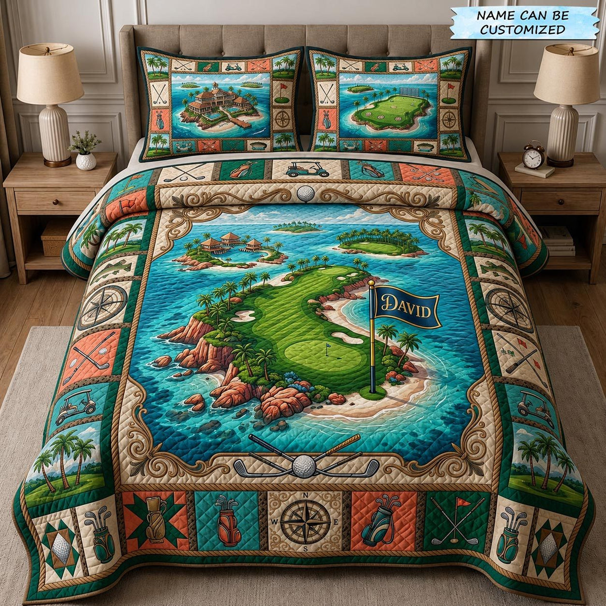 Personalized Golf Island Green quilted 3-piece bedding set on a made bed in a light coastal bedroom