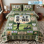 Personalized Golf King quilted 3-piece bedding set on a made bed with two matching pillow shams