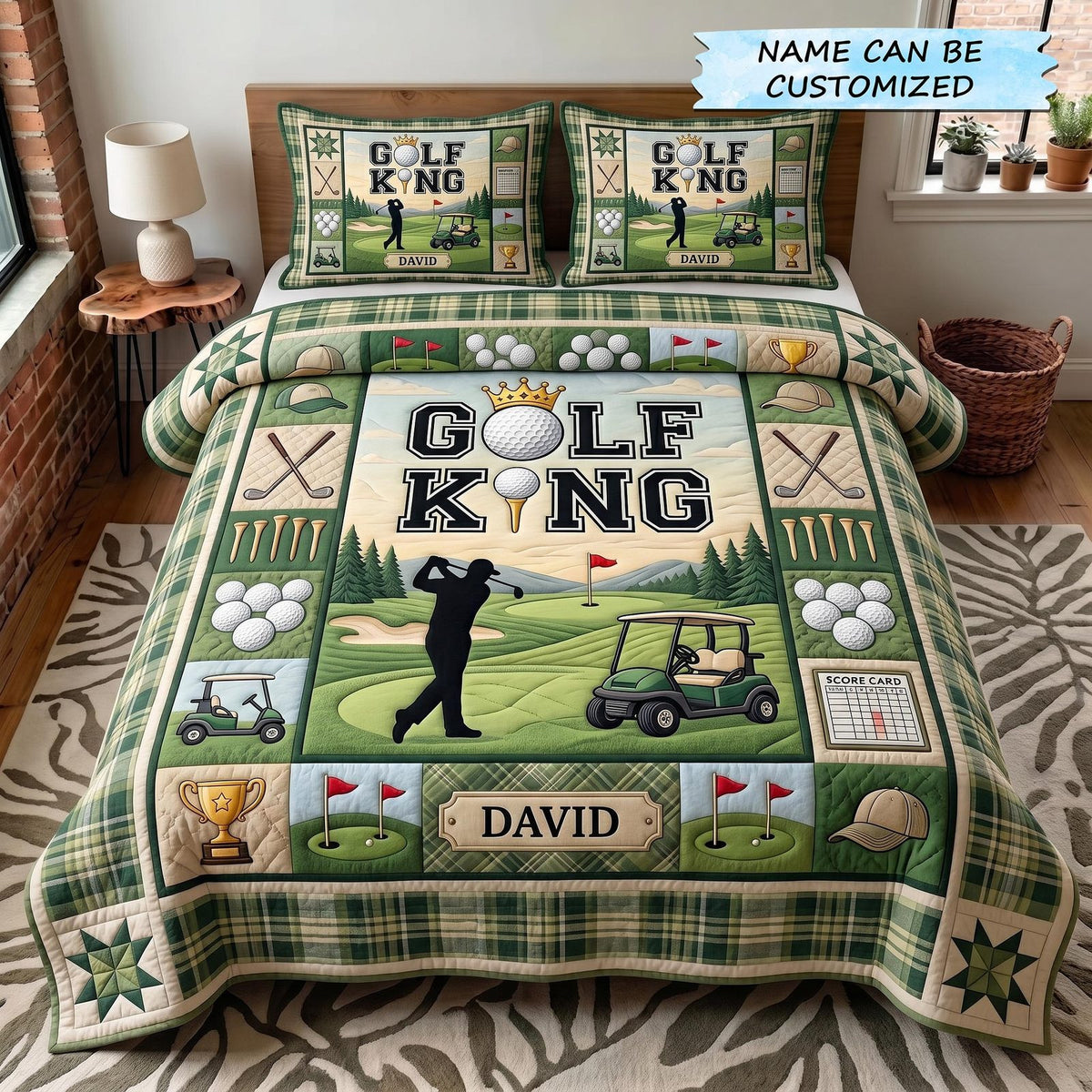 Personalized Golf King quilted 3-piece bedding set on a made bed with two matching pillow shams