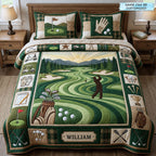 Personalized Golf Rolling Greens quilted 3-piece bedding set on a made bed with two matching pillow shams