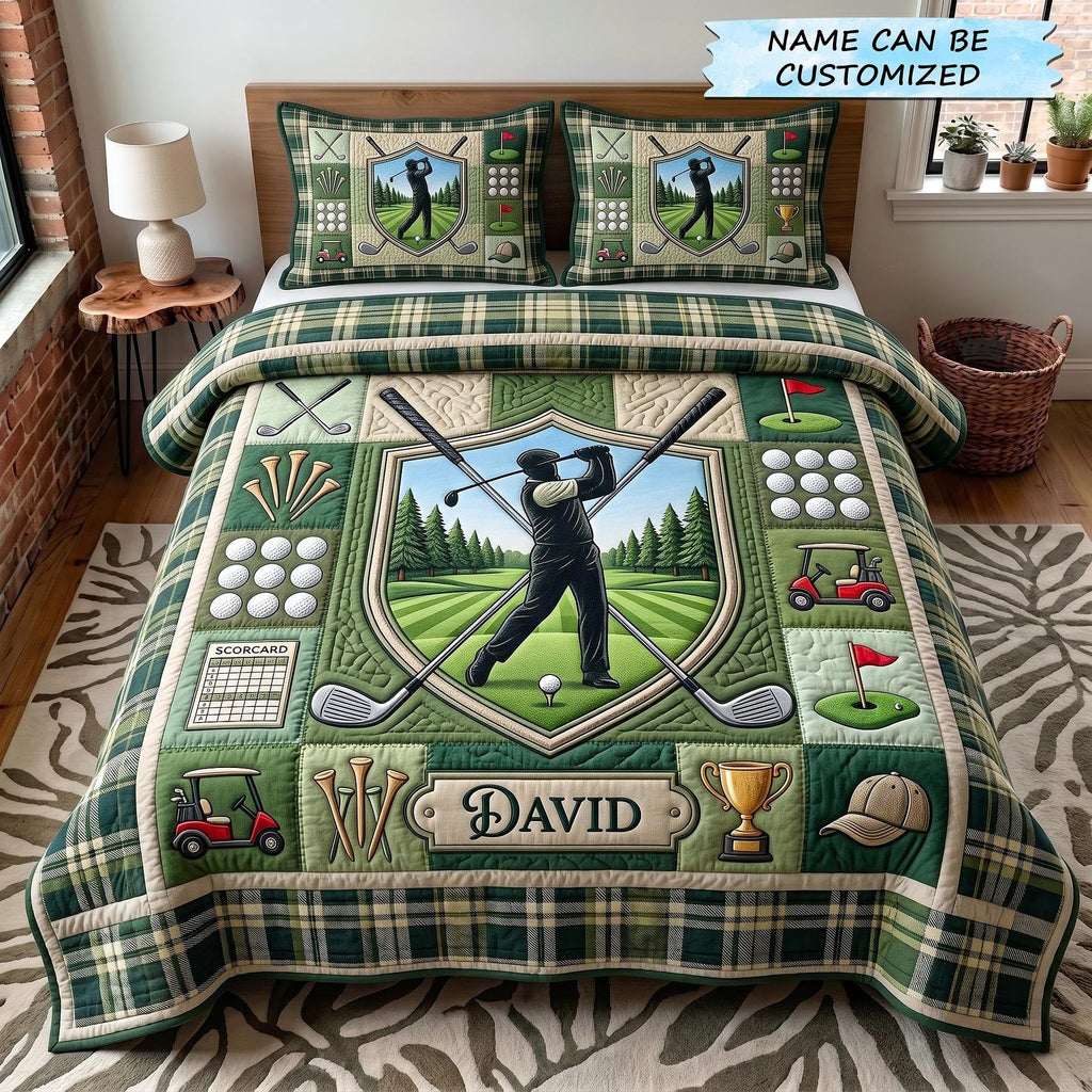 Personalized Golf Shield Plaid quilted 3-piece bedding set on a made bed in a farmhouse bedroom
