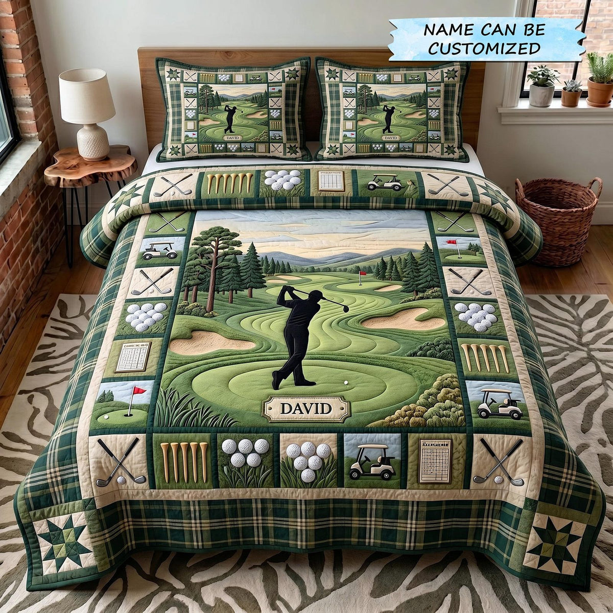 Personalized Golf Silhouette Pines quilted 3-piece bedding set on a made bed with two matching pillow shams