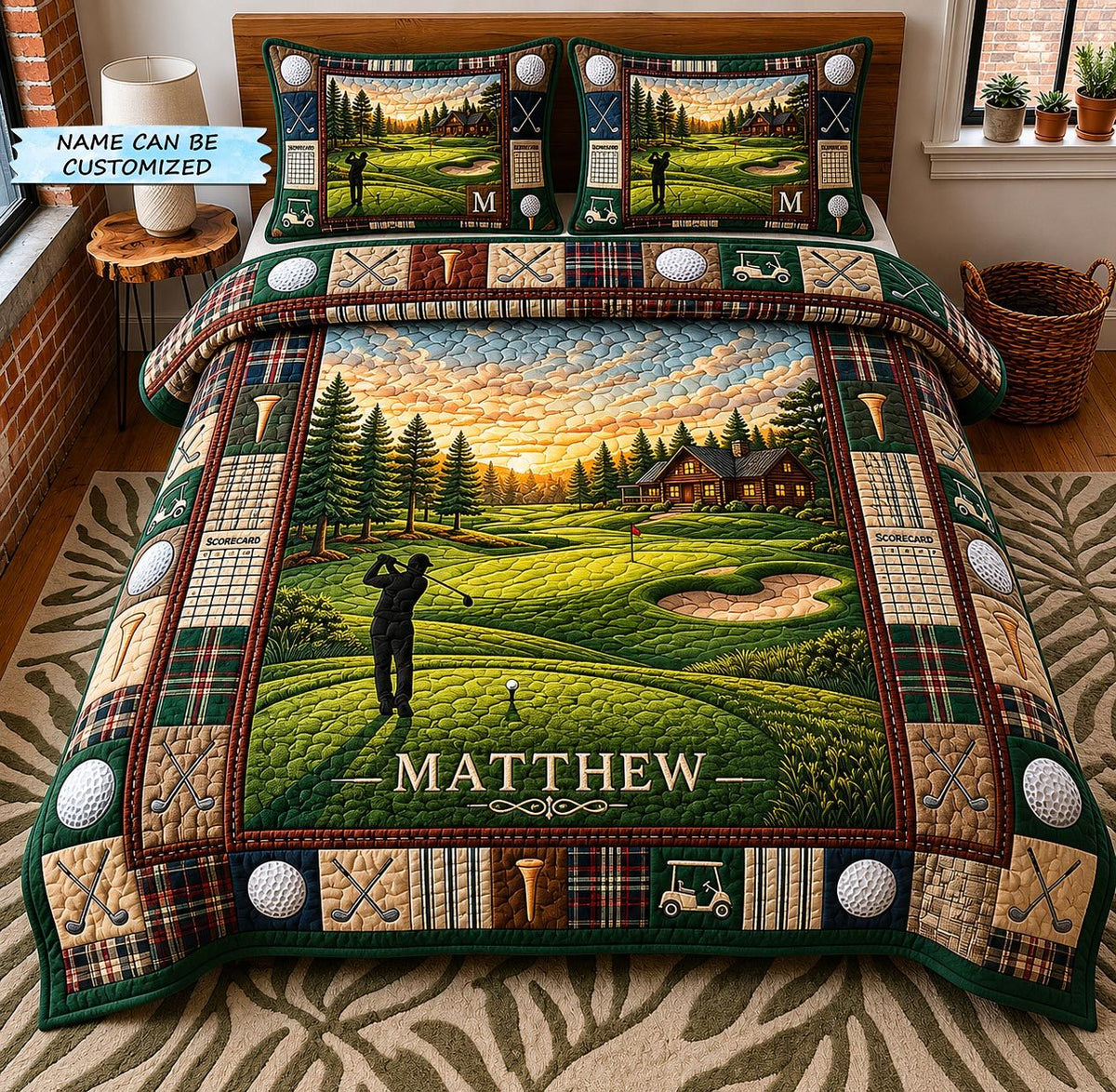 Personalized Golf Sunset Clubhouse quilted 3-piece bedding set on a made bed with two matching pillow shams