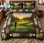 Personalized Golf Sunset Clubhouse quilted 3-piece bedding set on a made bed with two matching pillow shams