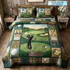 Personalized Golf Tee Box Plaid quilted 3-piece bedding set on a made bed in a farmhouse bedroom