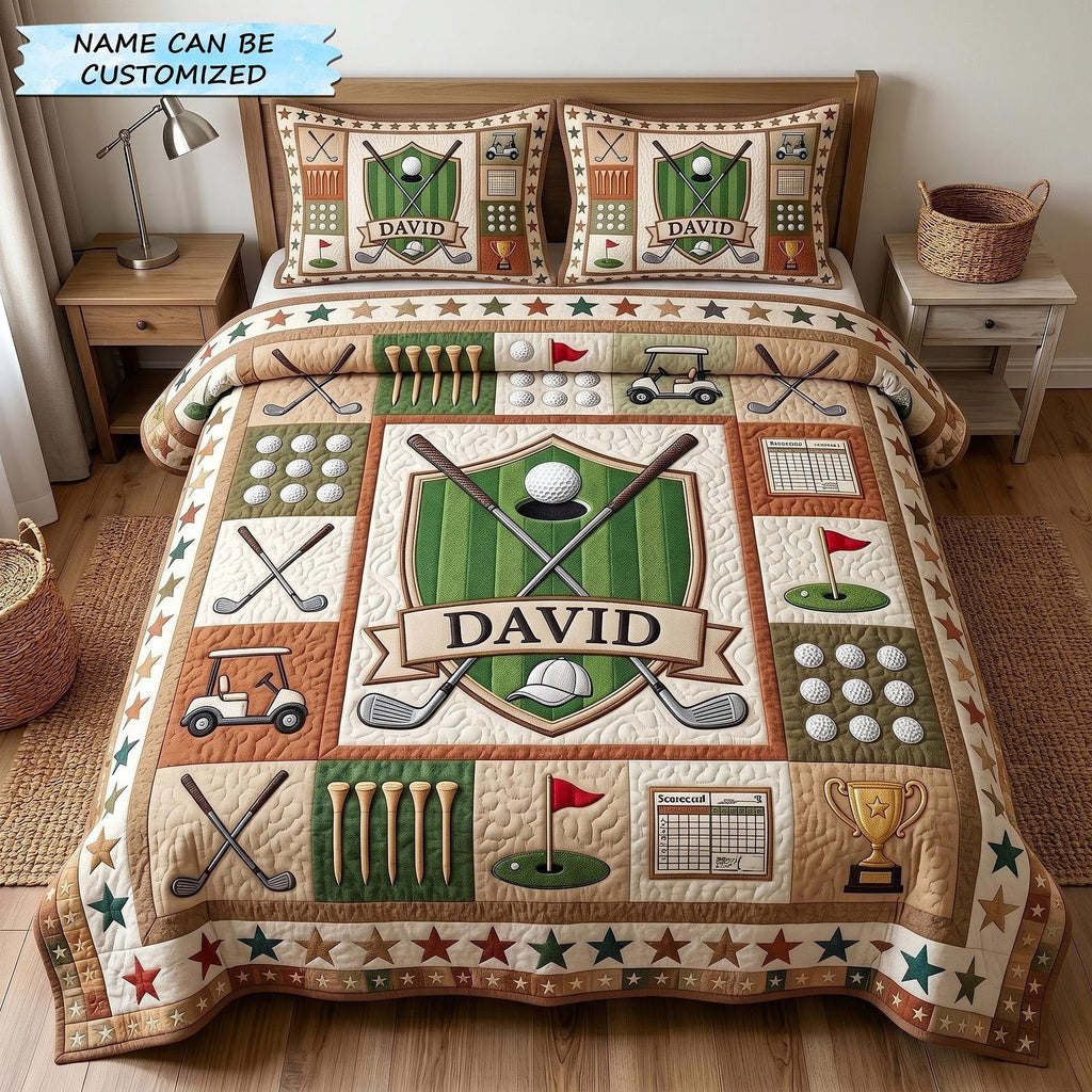 Personalized Golf Tee Time Scorecard quilted 3-piece bedding set on a made bed with two matching pillow shams