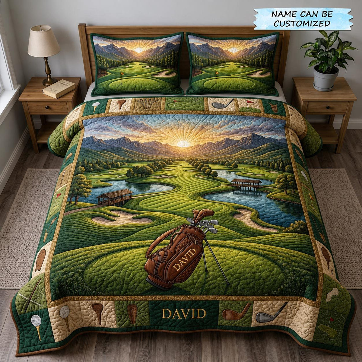 Personalized Golf Valley Sunset Bag quilted 3-piece bedding set on a made bed with two matching pillow shams
