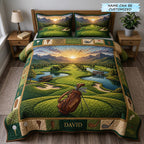 Personalized Golf Valley Sunset Bag quilted 3-piece bedding set on a made bed with two matching pillow shams