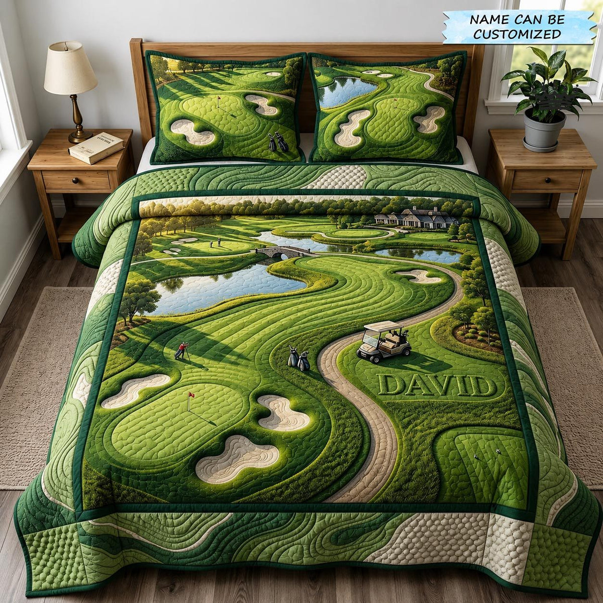 Personalized Golf Winding Fairway Lake quilted 3-piece bedding set on a made bed with two matching pillow shams