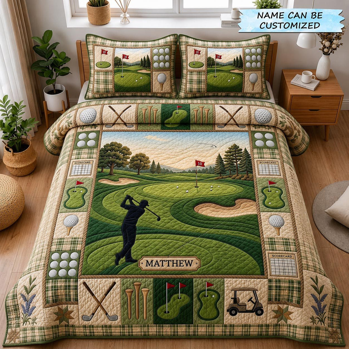 Personalized Golfer Fairway Swing quilted 3-piece bedding set on a made bed with two matching pillow shams