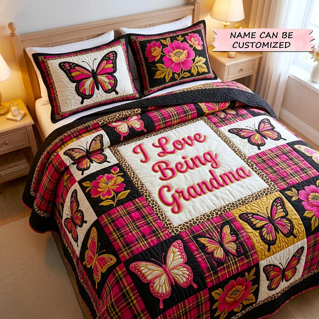 Personalized Grandma Butterfly Plaid quilted 3-piece bedding set on a made bed in a farmhouse bedroom
