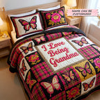 Personalized Grandma Butterfly Plaid quilted 3-piece bedding set on a made bed in a farmhouse bedroom