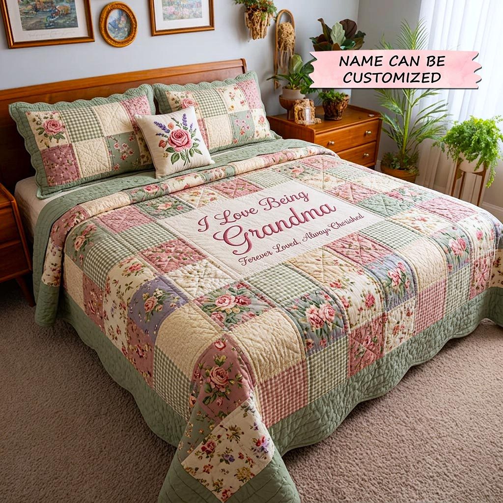 Personalized Grandma Shabby Rose quilted 3-piece bedding set on a made bed in a farmhouse bedroom