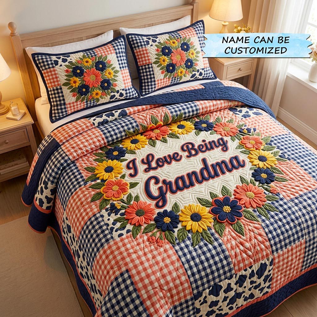 Personalized Grandma Sunflower Gingham quilted 3-piece bedding set on a made bed in a farmhouse bedroom