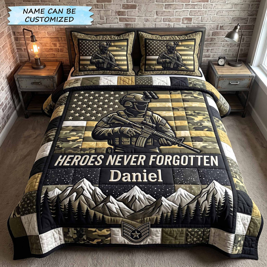 Personalized Heroes Never Forgotten Camo quilted 3-piece bedding set on a made bed with two matching pillow shams
