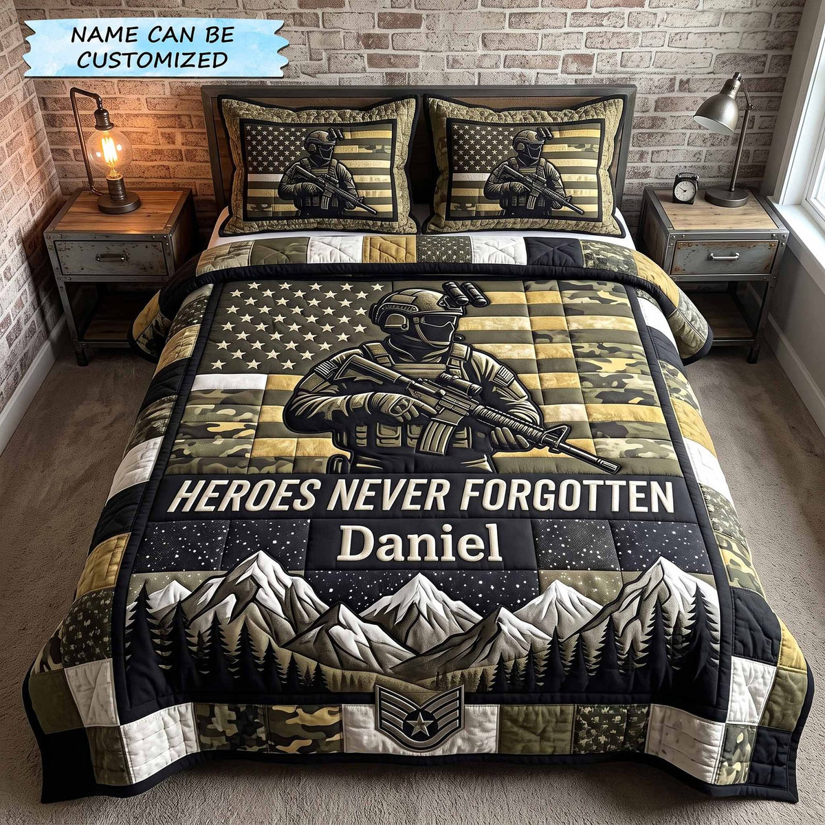 Personalized Heroes Never Forgotten Camo quilted 3-piece bedding set on a made bed with two matching pillow shams