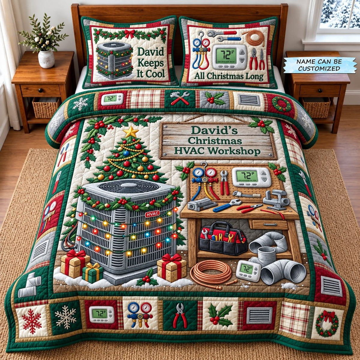 Personalized HVAC Christmas Workshop Bench quilted 3-piece bedding set on a made bed in a winter-styled bedroom