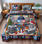 Personalized HVAC Gauge Buddy Christmas quilted 3-piece bedding set on a made bed in a winter-styled bedroom