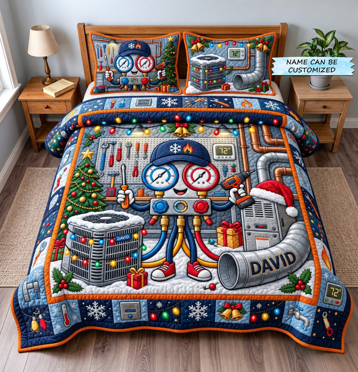 Personalized HVAC Gauge Buddy Christmas quilted 3-piece bedding set on a made bed in a winter-styled bedroom