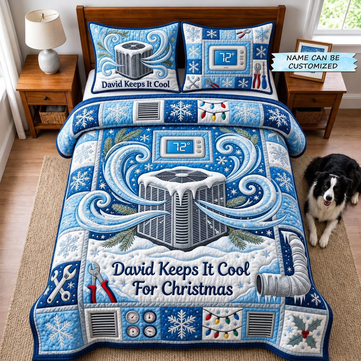 Personalized HVAC Keeps It Cool Snowflake quilted 3-piece bedding set on a made bed in a winter-styled bedroom