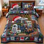 Personalized HVAC Santa Hat Condenser quilted 3-piece bedding set on a made bed in a winter-styled bedroom