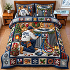 Personalized HVAC Tech At Work quilted 3-piece bedding set on a made bed with two matching pillow shams