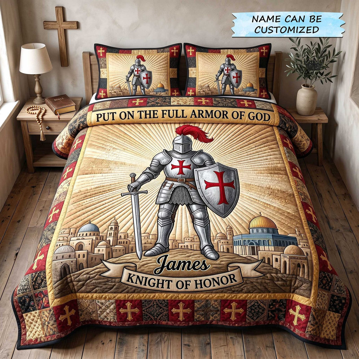 Personalized Knight Of Honor Armor Of God quilted 3-piece bedding set on a made bed in a warmly lit bedroom