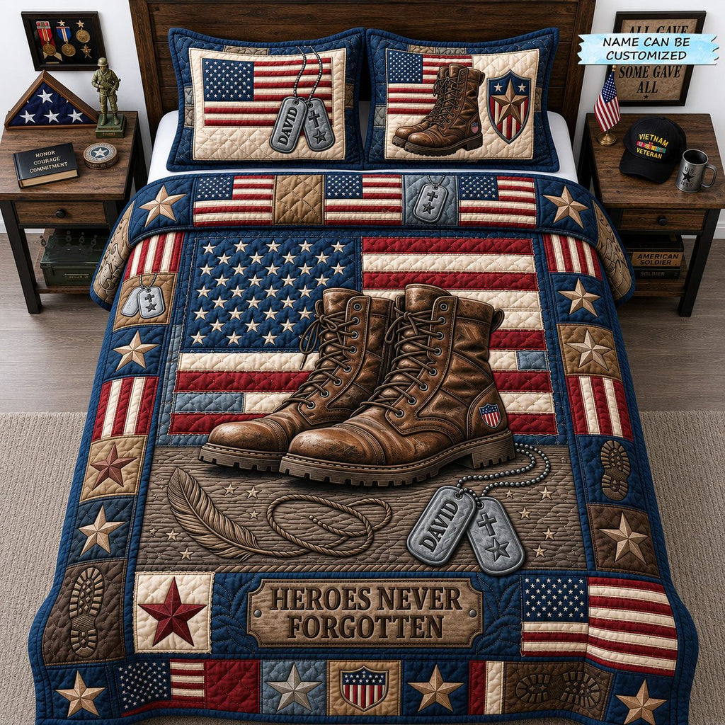 Personalized Military Boots Heroes Remembered quilted 3-piece bedding set on a made bed in a warmly lit bedroom