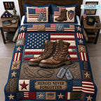 Personalized Military Boots Heroes Remembered quilted 3-piece bedding set on a made bed in a warmly lit bedroom