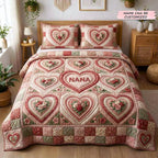 Personalized Nana Heart Patchwork quilted 3-piece bedding set on a made bed in a farmhouse bedroom