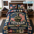 Personalized US Veteran Proudly Served quilted 3-piece bedding set on a made bed in a warmly lit bedroom