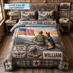 Personalized Veteran And K9 Brotherhood quilted 3-piece bedding set on a made bed in a warmly lit bedroom