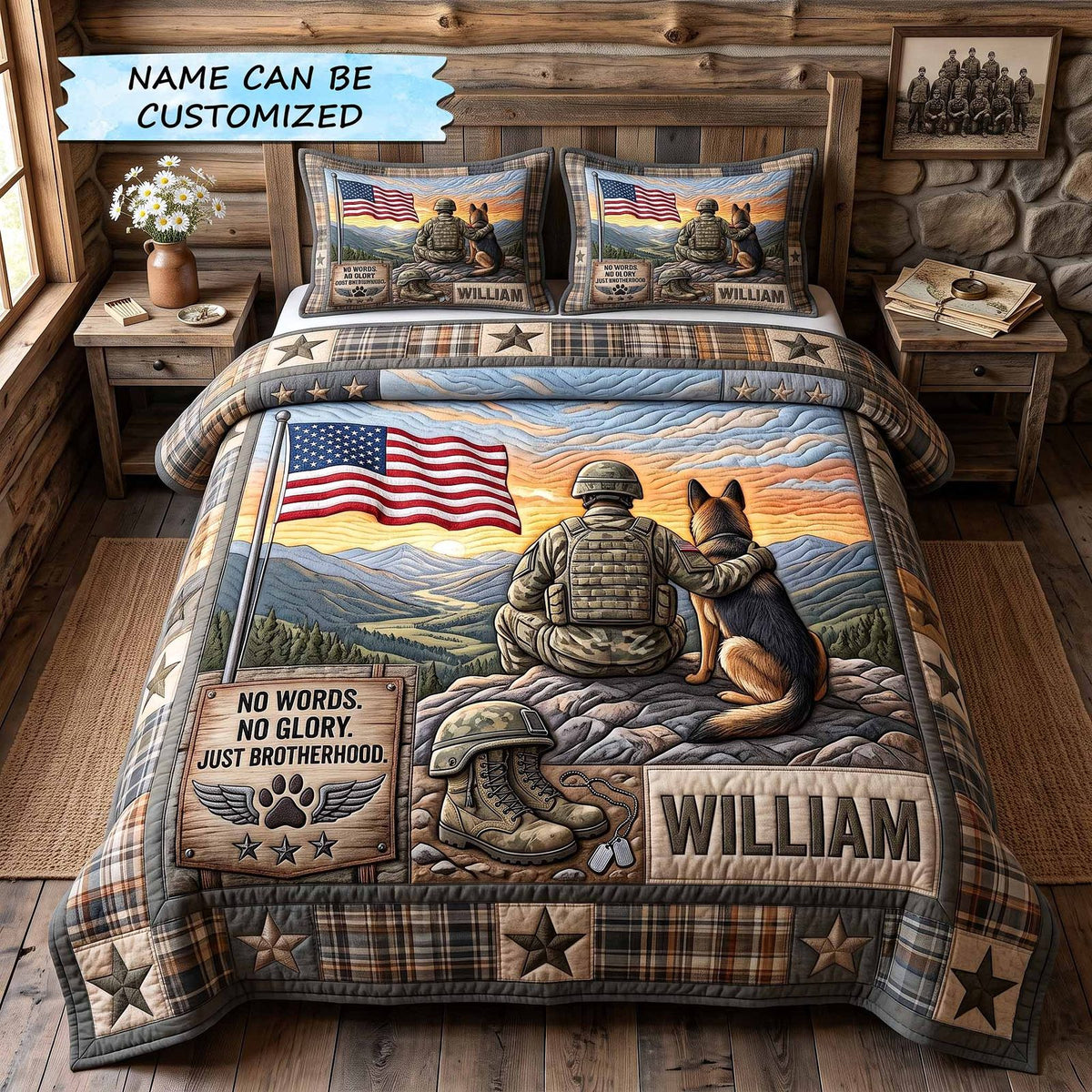 Personalized Veteran And K9 Brotherhood quilted 3-piece bedding set on a made bed in a warmly lit bedroom