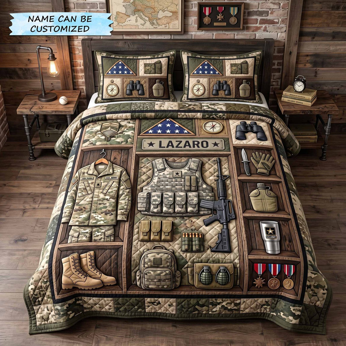 Personalized Veteran Uniform Locker quilted 3-piece bedding set on a made bed in a warmly lit bedroom