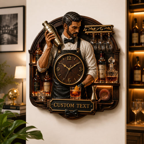 Bartender portrait Custom Name Wall Clock — personalized with a custom name