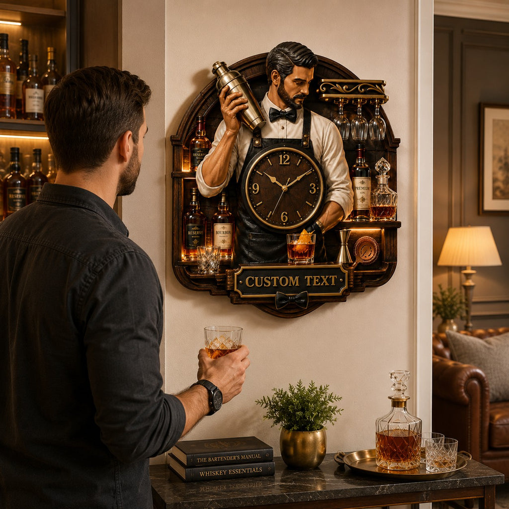 Bartender portrait Custom Name Wall Clock — personalized with a custom name