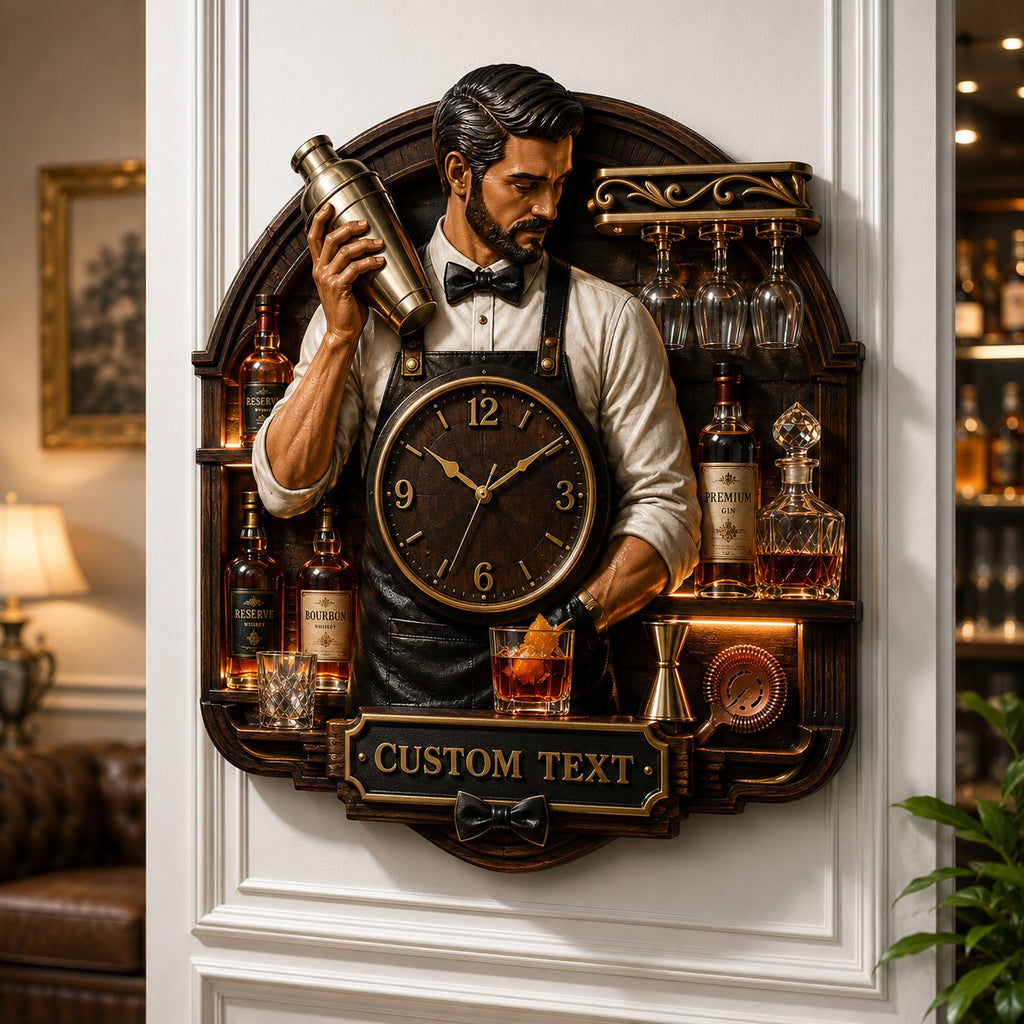 Bartender portrait Custom Name Wall Clock — personalized with a custom name