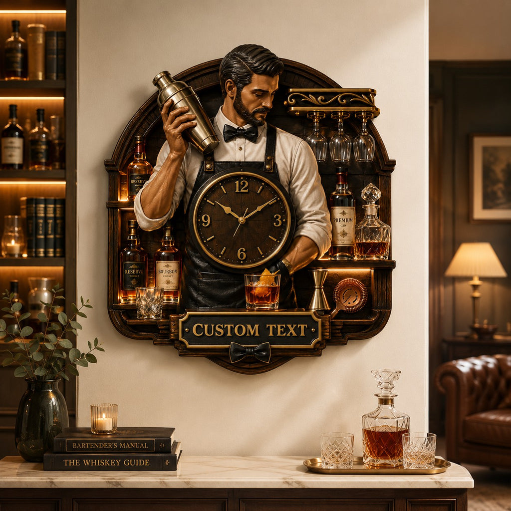 Bartender portrait Custom Name Wall Clock — personalized with a custom name