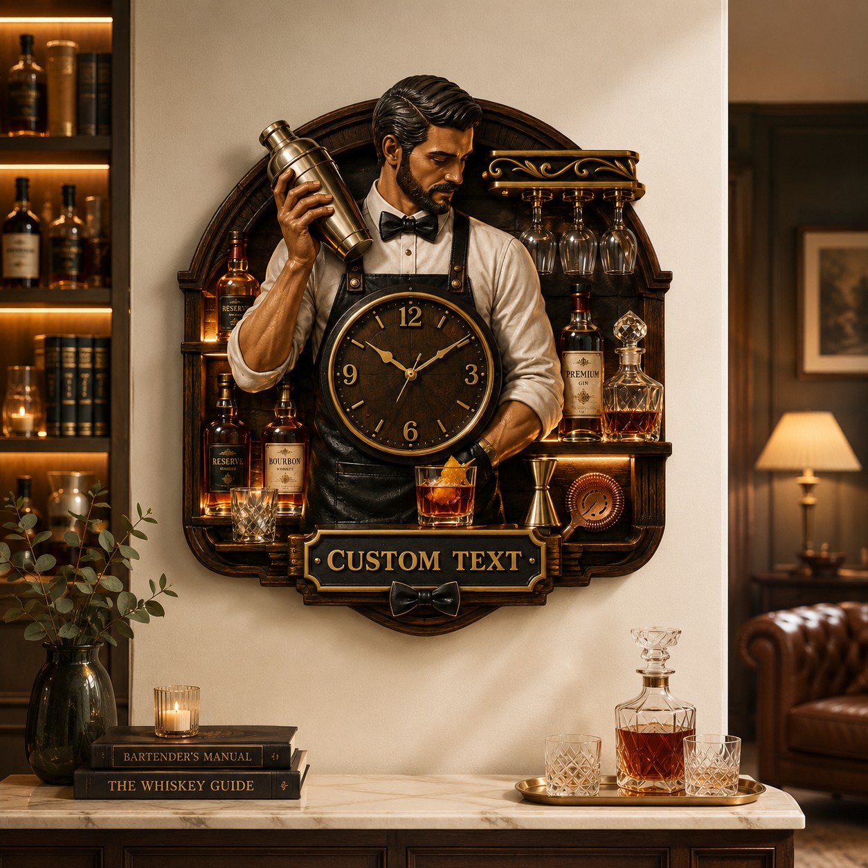 Bartender portrait Custom Name Wall Clock — personalized with a custom name