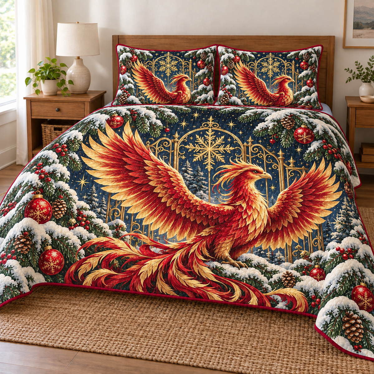 Phoenix Crimson Snowflake Gate printed Christmas quilt and two matching pillow shams; design mockup showing a flat printed depth effect.