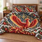 Phoenix Crimson Snowflake Gate printed Christmas quilt and two matching pillow shams; design mockup showing a flat printed depth effect.
