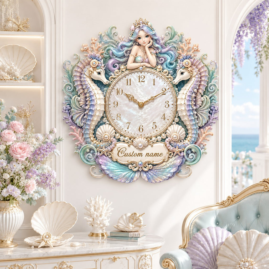 Personalized mermaid and seahorse wall clock — personalized with a custom name