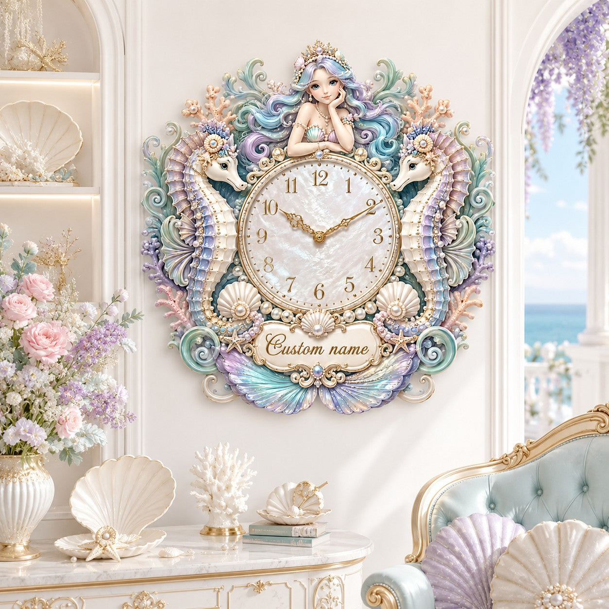 Personalized mermaid and seahorse wall clock — personalized with a custom name