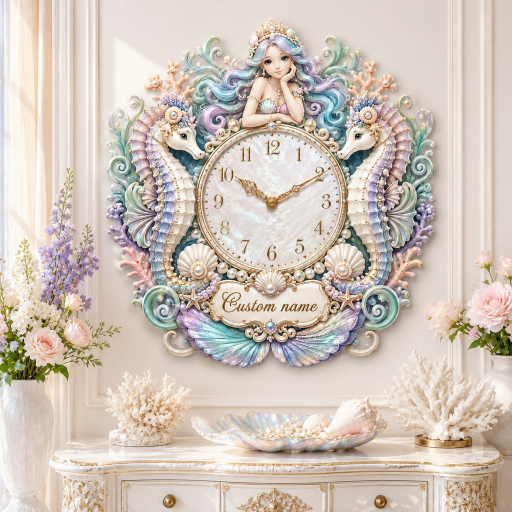 Personalized mermaid and seahorse wall clock — personalized with a custom name
