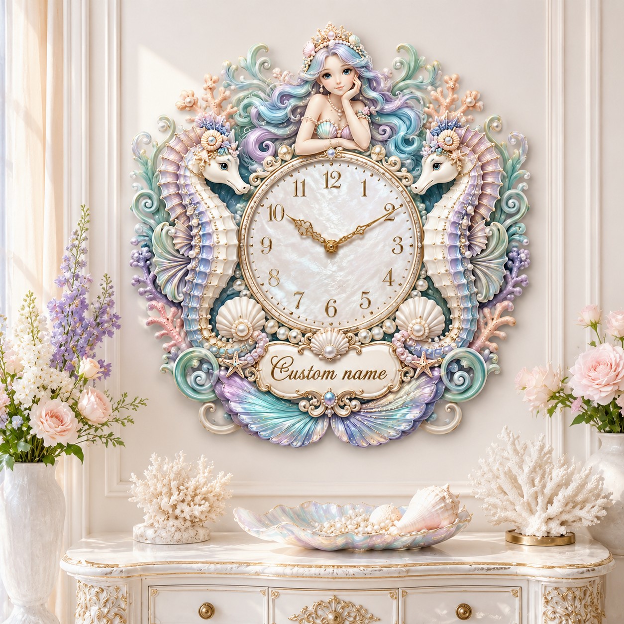 Personalized mermaid and seahorse wall clock — personalized with a custom name