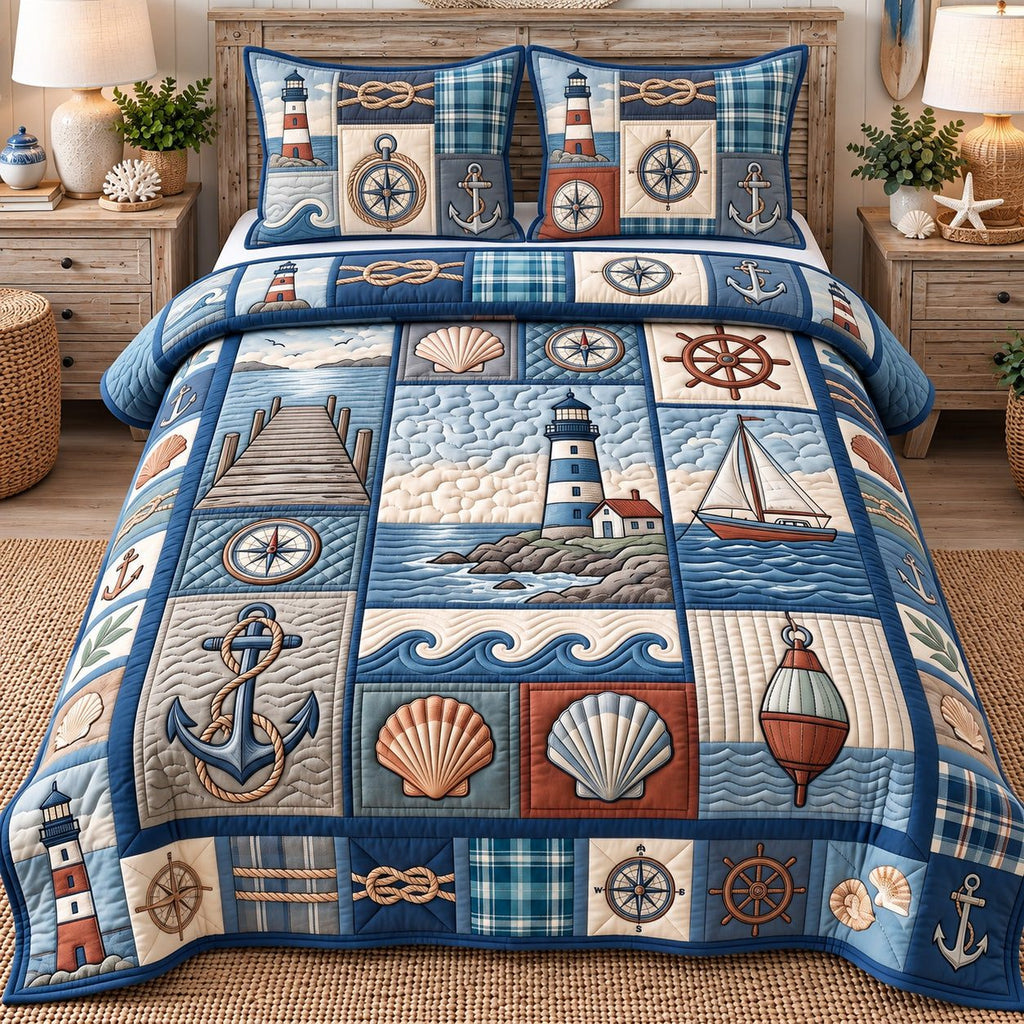 Pier Lighthouse Coastal Patchwork quilted 3-piece bedding set on a made bed in a light coastal bedroom