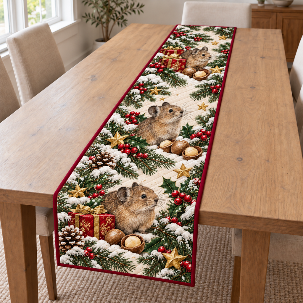 Pika Macadamia Gift printed Christmas quilted table runner; design mockup showing a flat printed depth effect.