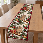Pika Macadamia Gift printed Christmas quilted table runner; design mockup showing a flat printed depth effect.